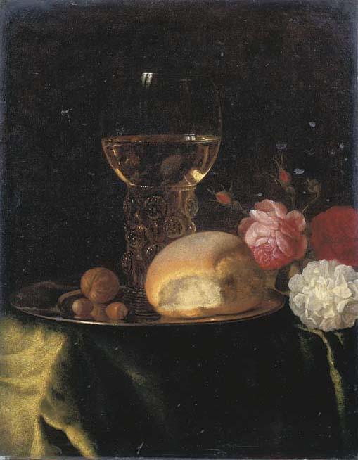 Simon Luttichuys - A Roemer of White Wine, A Bread Roll And Nuts On A Silver Plate, Together With Roses On A Green-Draped Table