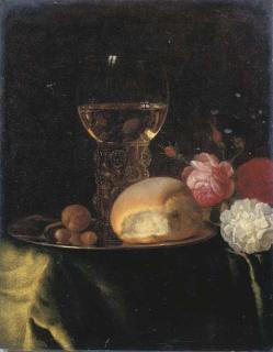 Simon Luttichuys - A Roemer of White Wine, A Bread Roll And Nuts On A Silver Plate, Together With Roses On A Green-Draped Table