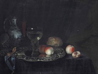 Simon Luttichuys - A Roemer With White Wine And Two Peaches On A Silver Plate, With A Golden Watch, A Porcelain Jug With A Silver Lid, A Bread Roll And Peaches On A Draped Table Before A Curtain