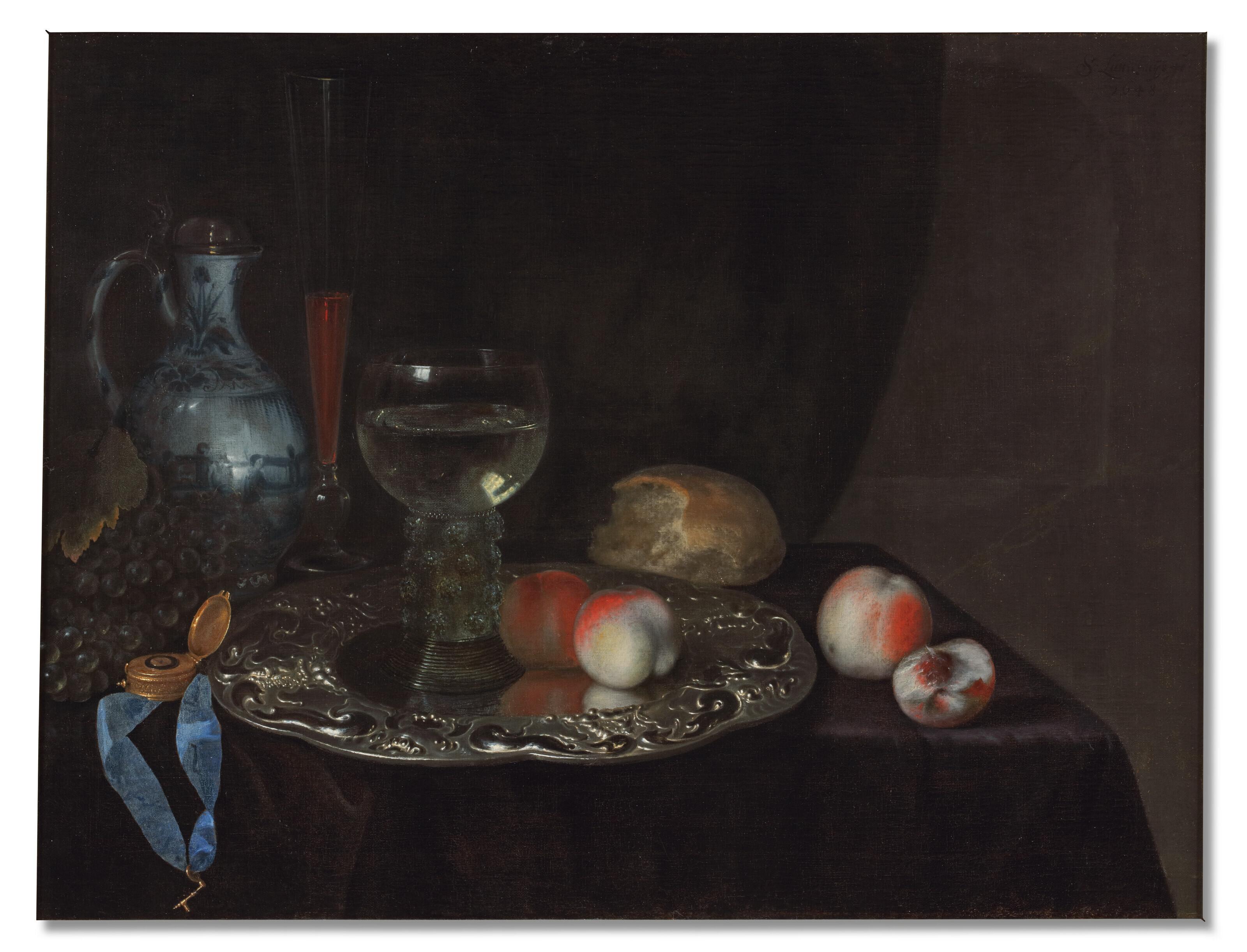 Simon Luttichuys - A roemer with white wine and two peaches on a silver plate, with a golden watch, grapes, a porcelain jug with a silver lid, a tall glass, a bread roll and peaches on a draped table before a curtain