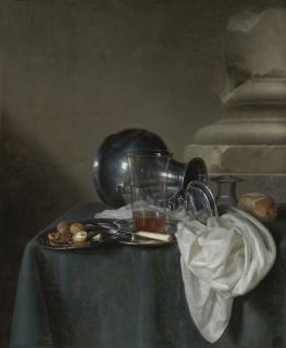 Simon Luttichuys - A Still Life With A Pewter Jug On Its Side, A Glass Of Ale, A Salt Cellar, A Bread Roll And Other Objects On A Table Draped In A Dark Green Cloth
