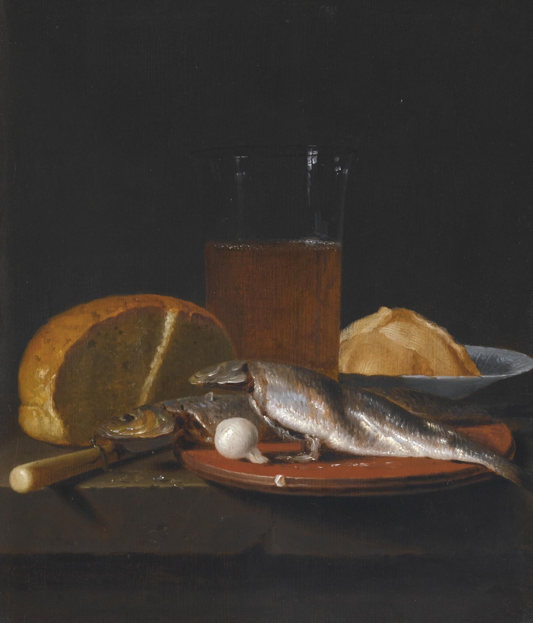 Simon Luttichuys - Still Life With Mackerel, Bread, A Pewter Plate And A Glass Of Beer On A Table