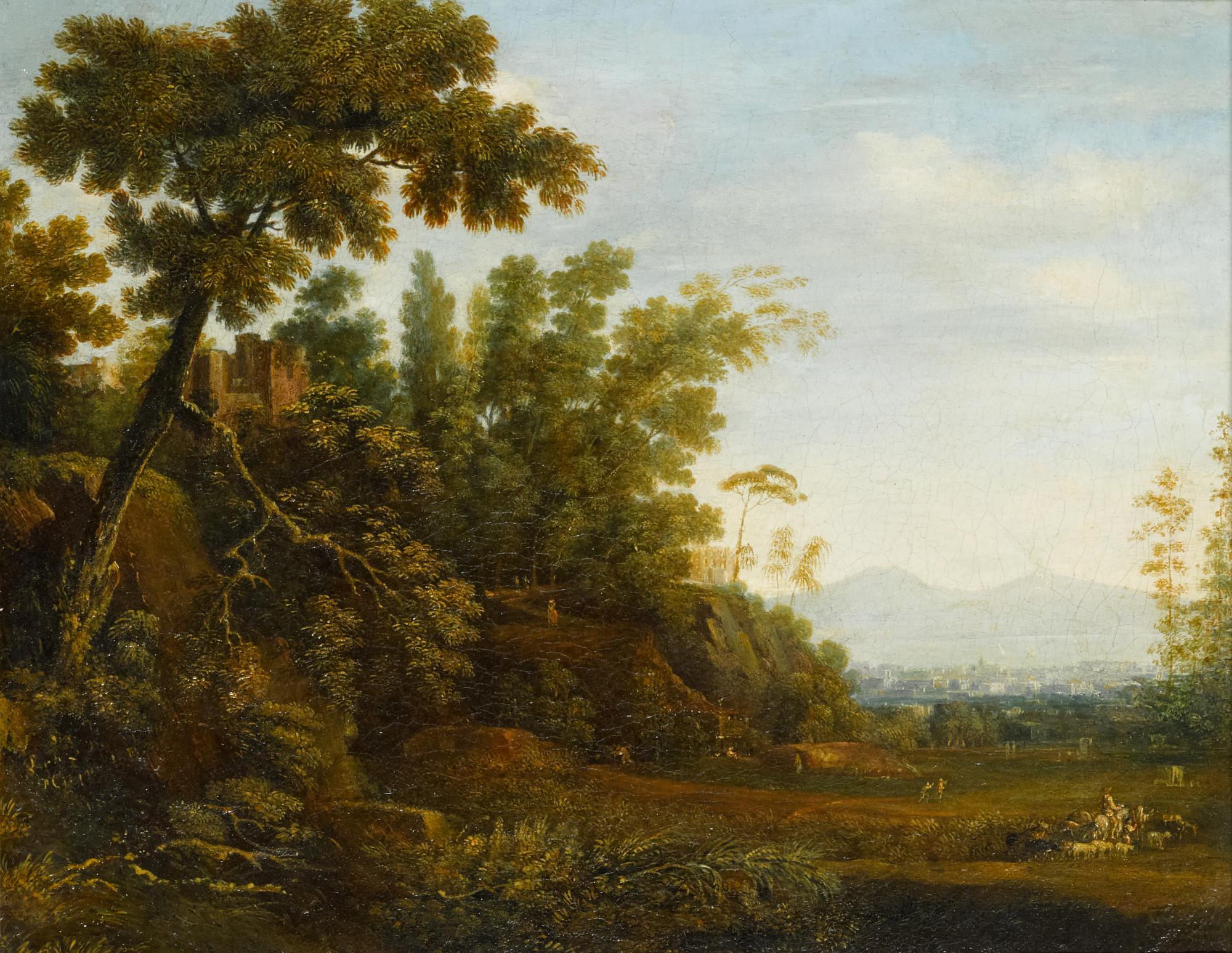 Simon-Mathurin Lantara - A Landscape With A Farmer And His Herd And Ruins On A Hill, With A Distant View Of Naples And Mount Vesuvius Beyond