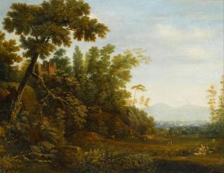 Simon-Mathurin Lantara - A Landscape With A Farmer And His Herd And Ruins On A Hill, With A Distant View Of Naples And Mount Vesuvius Beyond