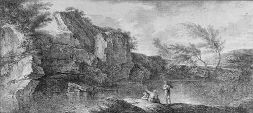 Simon-Mathurin Lantara - An extensive rocky landscape with figures by a lake