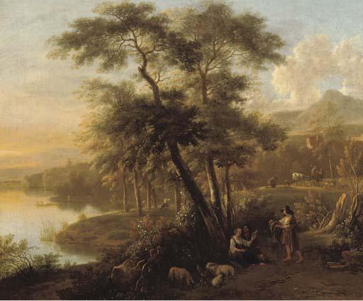 Simon Mathurin Lantara - An Italianate Wooded Landscape With Peasants And Their Flock Resting By A Path