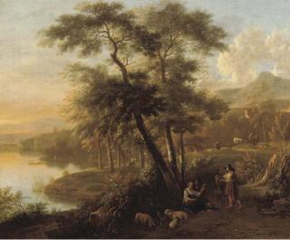 Simon Mathurin Lantara - An Italianate Wooded Landscape With Peasants And Their Flock Resting By A Path