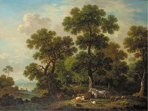 Simon-Mathurin Lantarat - A wooded landscape with a shepherd watching over cattle, sheep, and a horse by a river