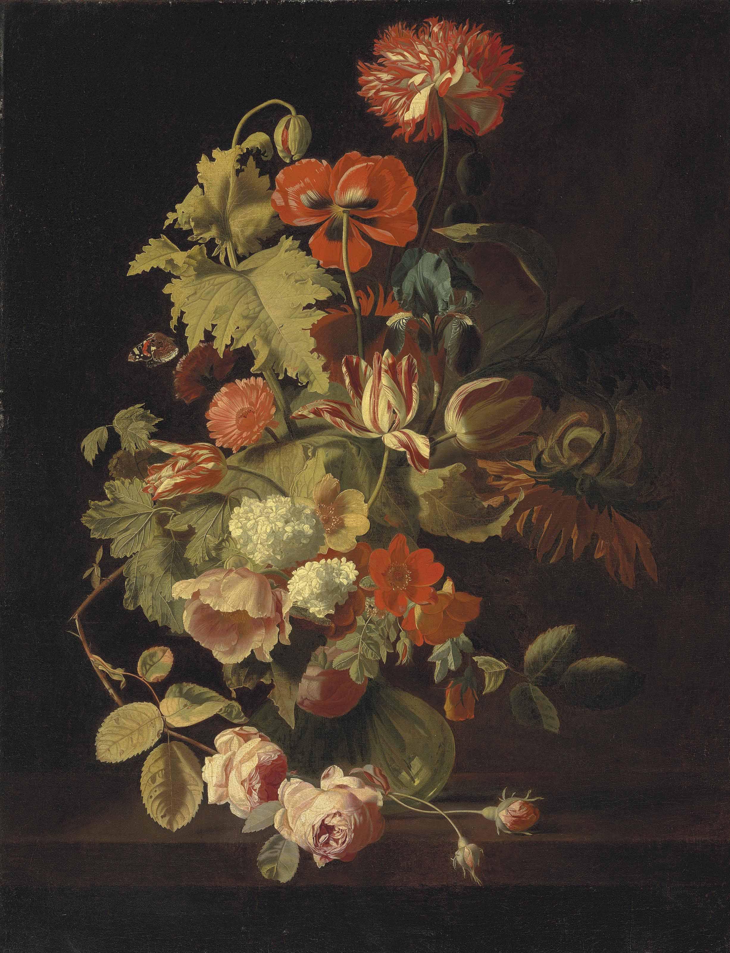 Simon Pietersz. Verelst - A Carnation, Iris, Roses, Tulips And Other Flowers In A Glass Vase On A Stone Ledge