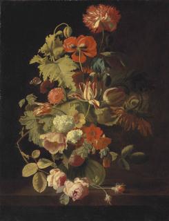 Simon Pietersz. Verelst - A Carnation, Iris, Roses, Tulips And Other Flowers In A Glass Vase On A Stone Ledge