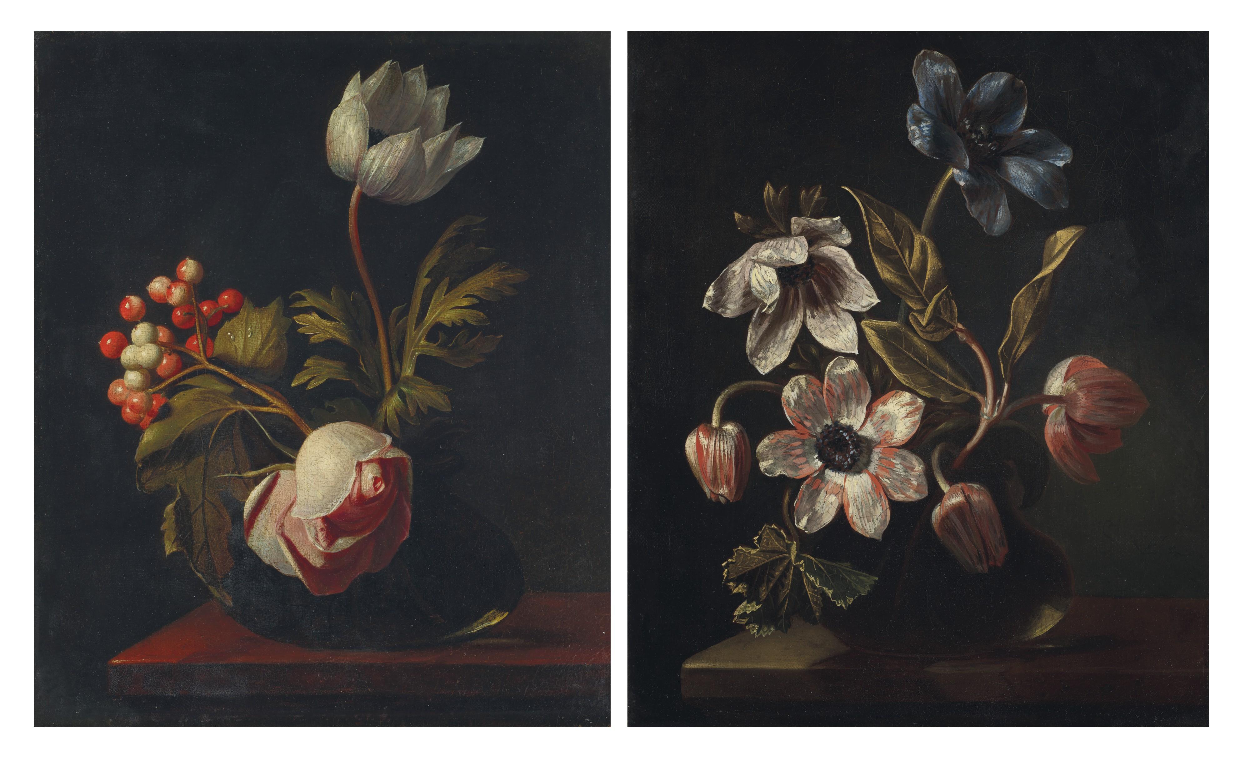 Simon Pietersz. Verelst - A rose, an anemone, and a sprig of rowan in a glass vase on a ledge; and Tulips and anemones in a glass vase on a ledge