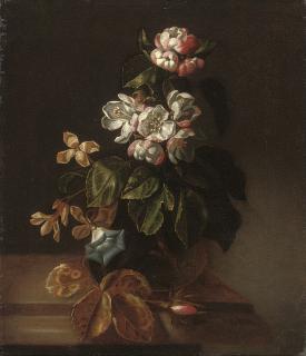 Simon Pietersz. Verelst - Blossom, convolvulus and other flowers in a glass vase on a wooden ledge