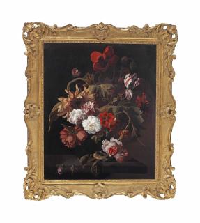 Simon Pietersz Verelst - Carnations, roses, peonies, tulips, and poppies in a glass vase, all on a wooden ledge