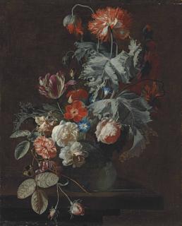 Simon Pietersz. Verelst - Carnations, tulips, roses, Morning Glory and other flowers in a glass vase, on a stone ledge