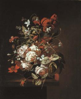 Simon Pietersz. Verelst - Jasmine, roses, poppies and other flowers and a butterfly in a glass vase on a ledge