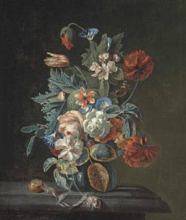 Simon Pietersz. Verelst - Roses, a parrot tulip, poppies, convolvulus and other flowers in a glass vase on a stone ledge, with a pocket watch