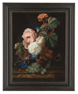 Simon Pietersz. Verelst - Roses, columbine, and poppies in a glass vase on a marble ledge with some grapes