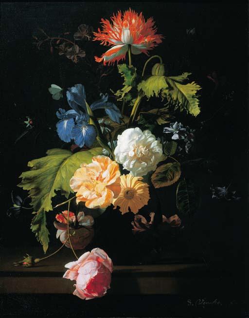 Simon Pietersz. Verelst - Roses, irises, poppies and other flowers in a glass vase on a ledge