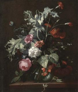 Simon Pietersz. Verelst - Roses, morning glory and other flowers in a glass vase on a wooded ledge