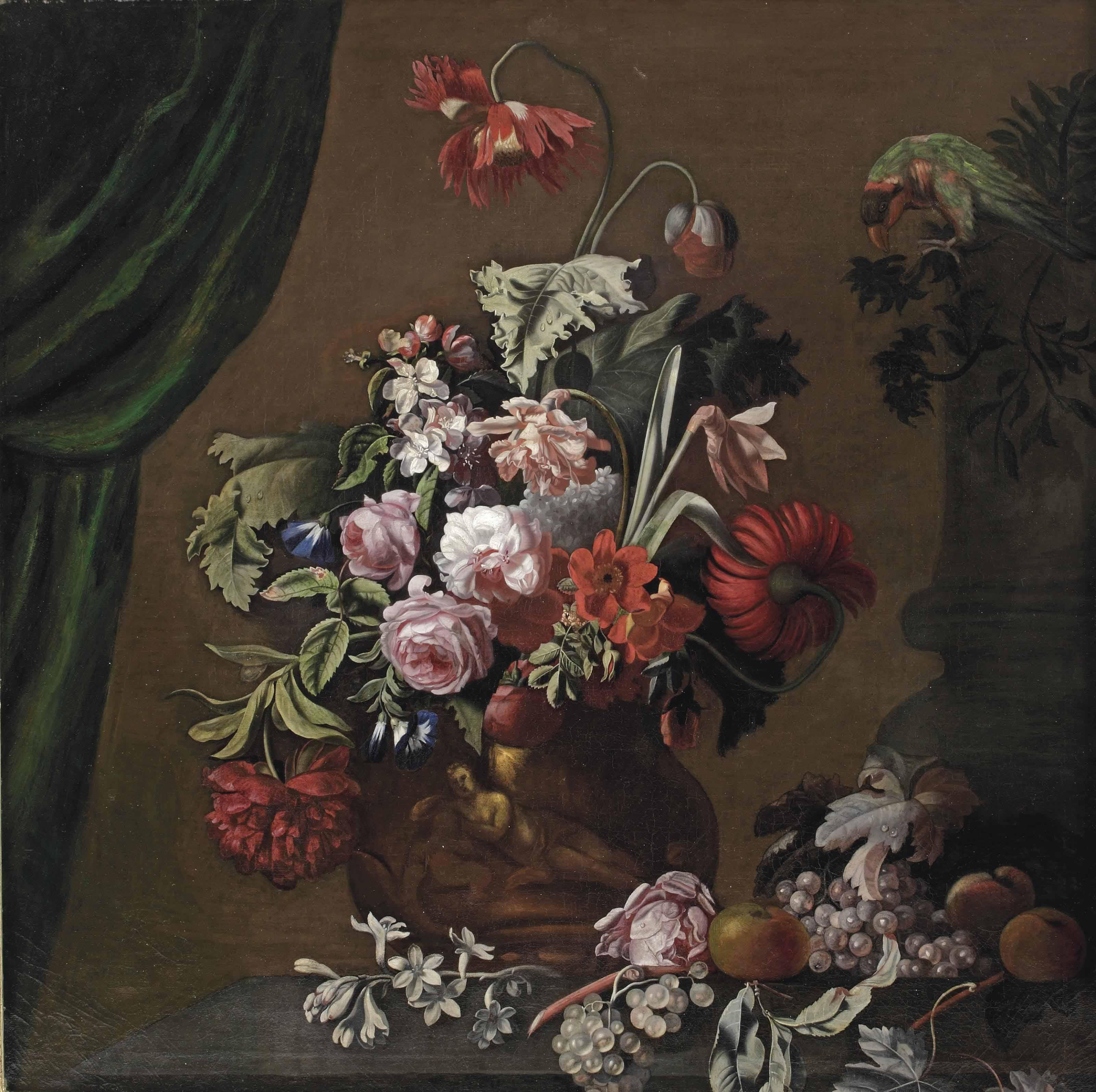 Simon Pietersz. Verelst - Roses, poppies and carnations in a terracotta vase, with a parrot, apples and grapes on a stone ledge, a curtain to the left