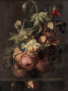 Simon Pietersz. Verelst - Still life of roses, poppies, convolvulus and other flowers in a glass vase on a stone ledge
