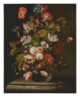 Simon Pietersz. Verelst - Still Life Of Roses, Tulips, An Iris And Other Flowers, In A Glass Vase, Resting On A Table