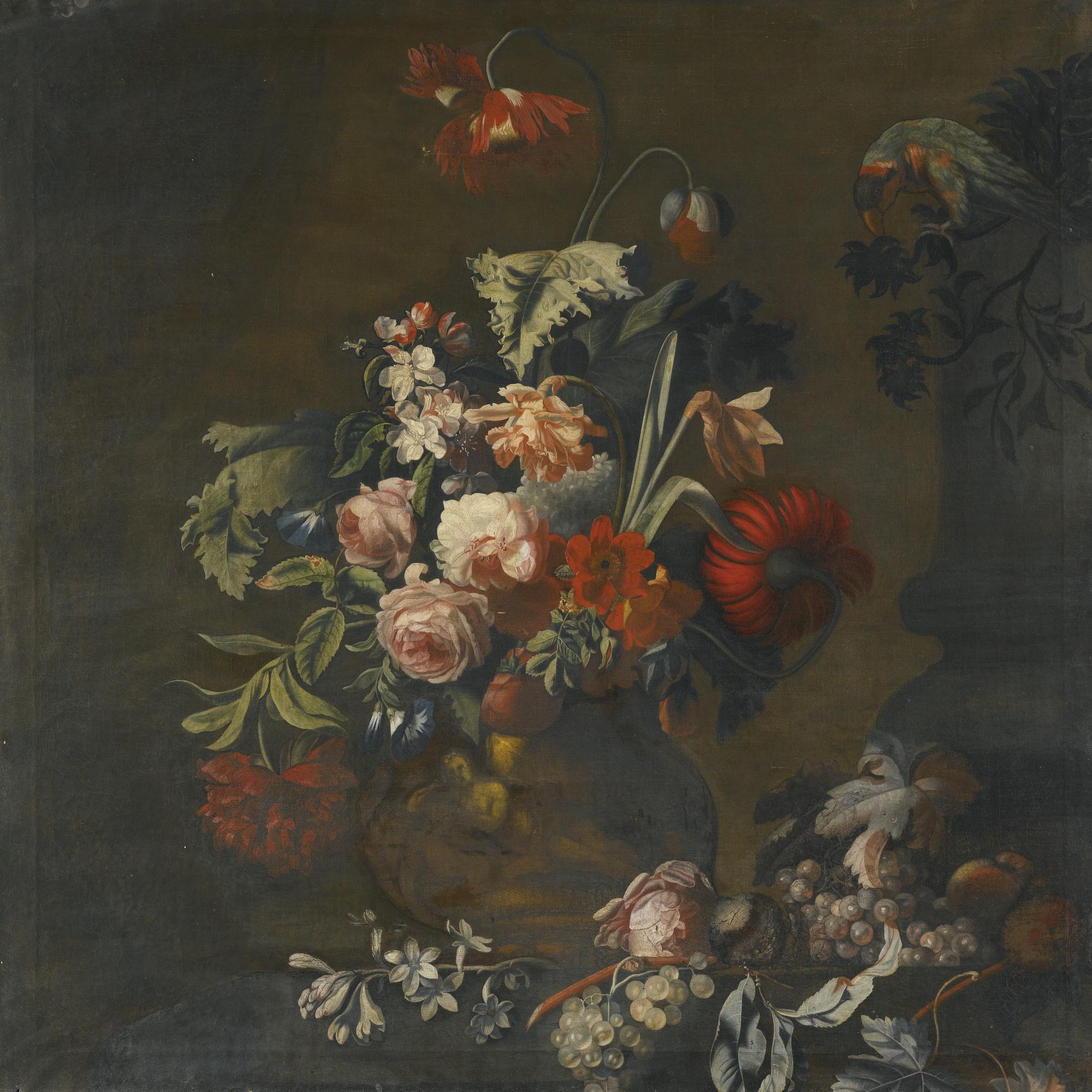 Simon Pietersz. Verelst - Still Life Of Roses, Variegated Tulips, Peonies And Other Flowers In A Sculpted Vase, Together With Grapes And A Macaw