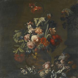 Simon Pietersz. Verelst - Still Life Of Roses, Variegated Tulips, Peonies And Other Flowers In A Sculpted Vase, Together With Grapes And A Macaw