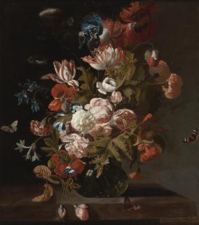 Simon Pietersz. Verelst - Tulips, Poppies, An Iris, Cow Parsley, Convolvuli And Other Flowers In A Glass, With Hovering Butterflies