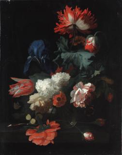 Simon Pietersz. Verelst - Tulips, poppies, lilac, an iris and other flowers in a vase, with two butterflies, on a stone ledge