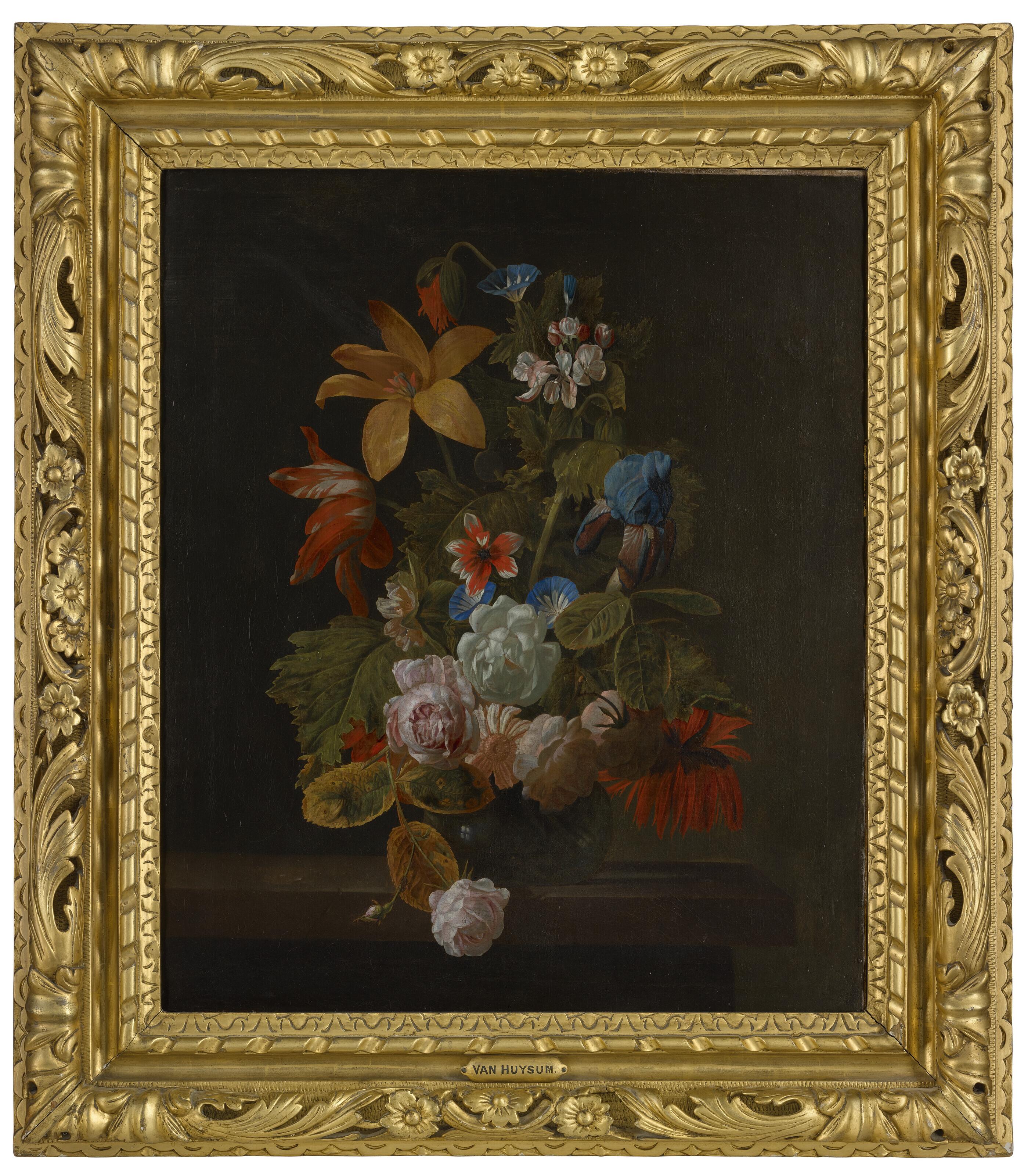 Simon Pietersz. Verelst - Tulips, Roses, An Iris And Various Flowers In A Glass Vase On A Stone Ledge