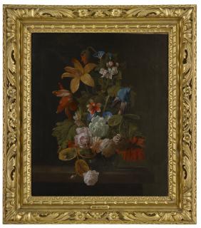 Simon Pietersz. Verelst - Tulips, Roses, An Iris And Various Flowers In A Glass Vase On A Stone Ledge