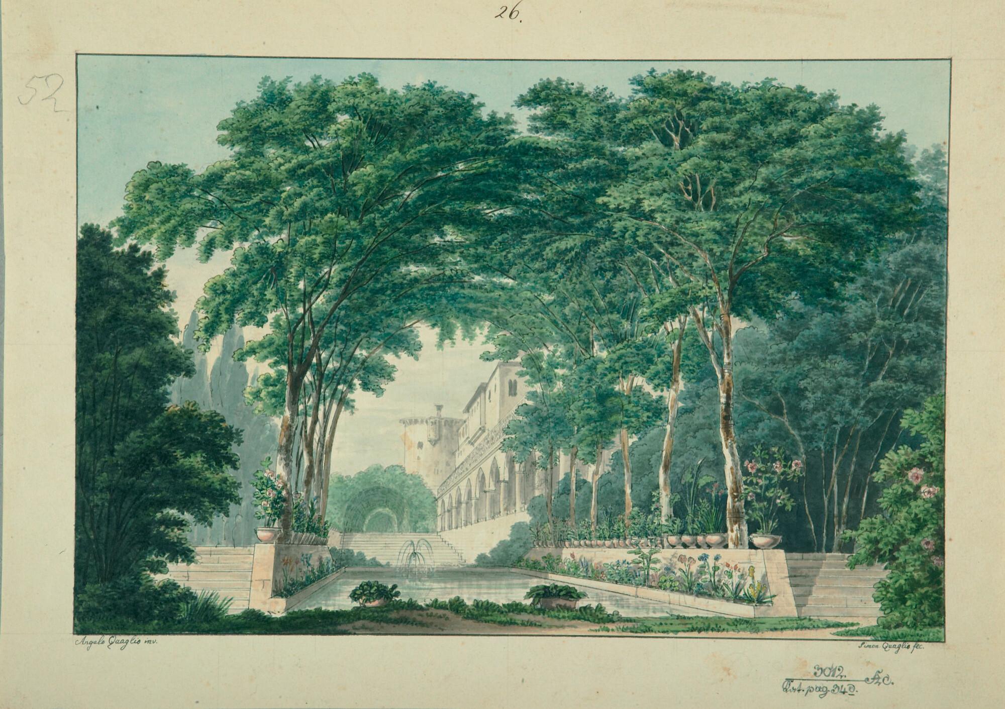 Simon Quaglio - Bühnenentwurf: Blick in einen Park.