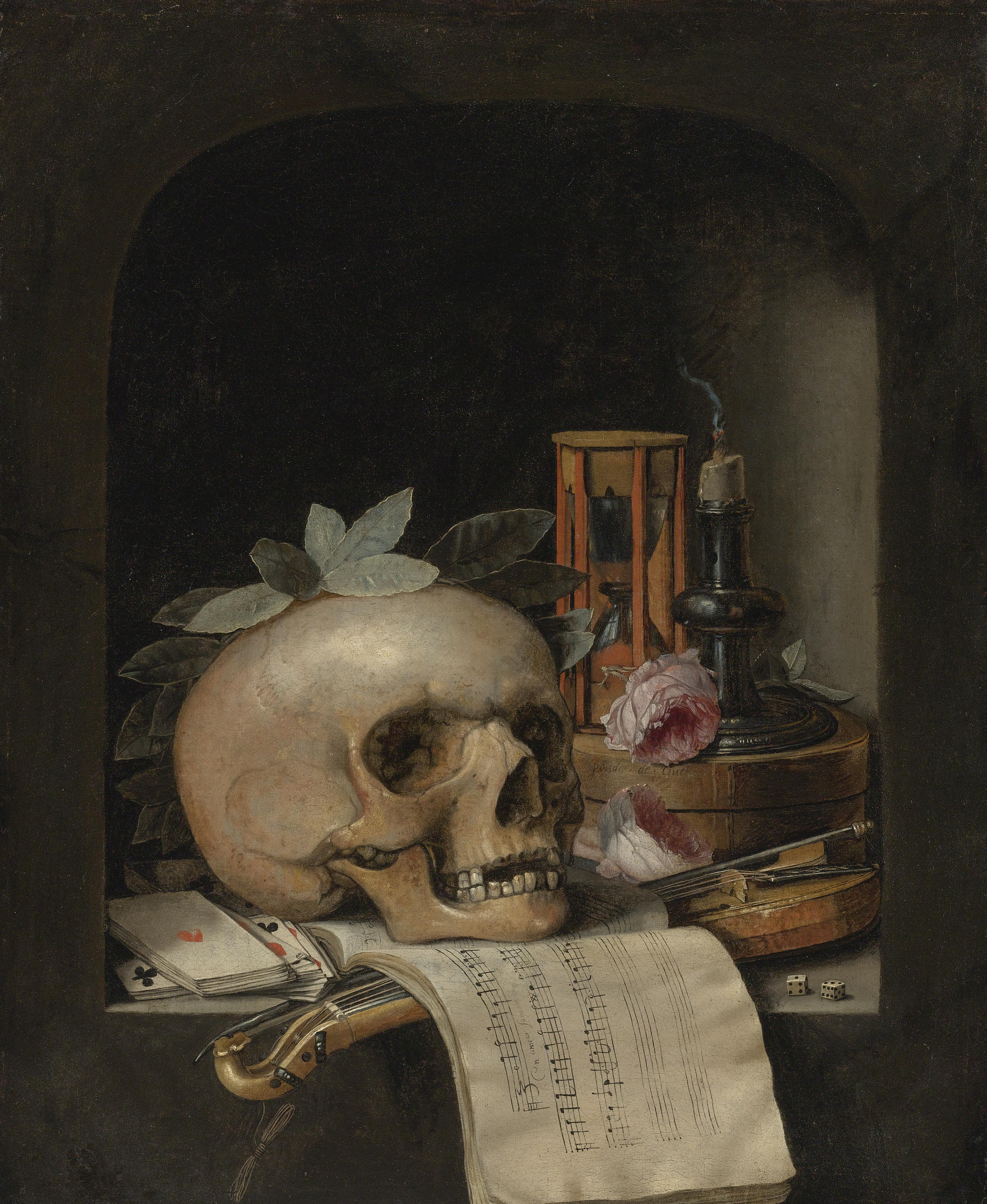 Simon Renard De Saint-André - Vanitas Still Life With A Wreathed Skull, A Pochette Violin And Bow, A Deck Of Cards, A Musical Score, A Pair Of Dice, A Box Inscribed \'Poudre De Civet,\' Two Roses, An Hourglass And A Snuffed-Out Candle In A Stone Niche