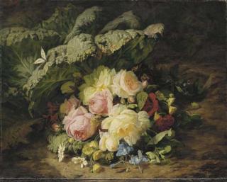 Simon Saint-Jean - A Bouquet of Roses, Daisies and Violets with a Butterfly on a Mossy Bank
