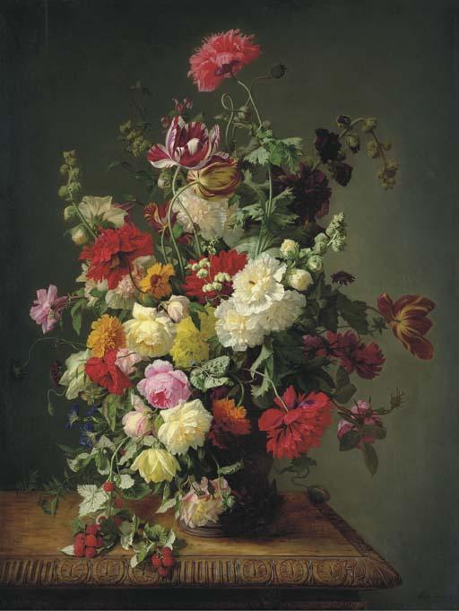 Simon Saint-Jean - A Still Life of Roses, Tulips, Peonies, Carnations, Hollyhocks, Morning Glories, Dahlias and Raspberries in an Urn on a Carved Wooden Table