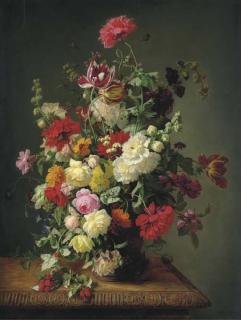 Simon Saint-Jean - A Still Life of Roses, Tulips, Peonies, Carnations, Hollyhocks, Morning Glories, Dahlias and Raspberries in an Urn on a Carved Wooden Table