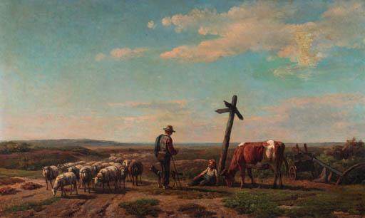 Simon Van Den Berg - A pastoral scene with a shepherdess and a cowherd conversing at a crossroad