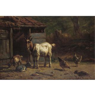 Simon Van Den Berg - Goats And Chickens In A Yard