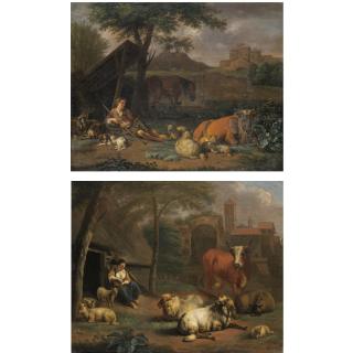Simon van der Does - A Pair Of Pastoral Roman Landscapes With A Shepherd Boy And A Shepherd Girl