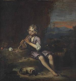 Simon van der Does - A rocky landscape with a young shepherd playing a flute