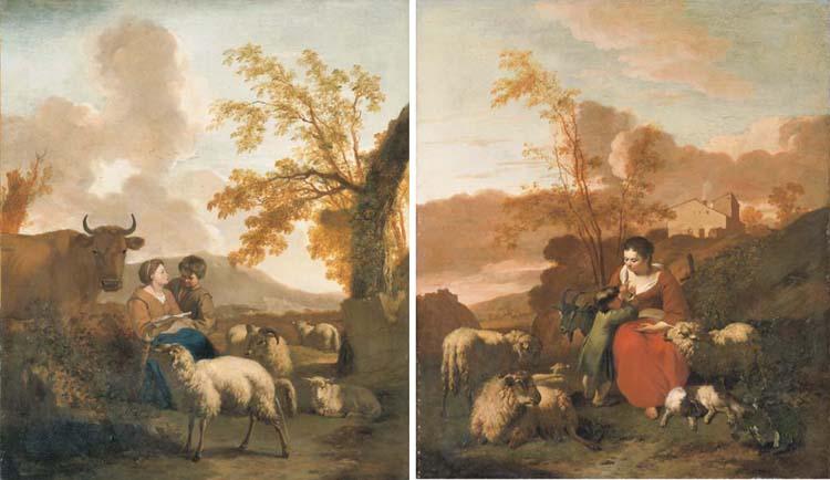 Simon van der Does - A shepherdess and her son in a landscape; and A young shepherd and shepherdess reading a letter in a landscape