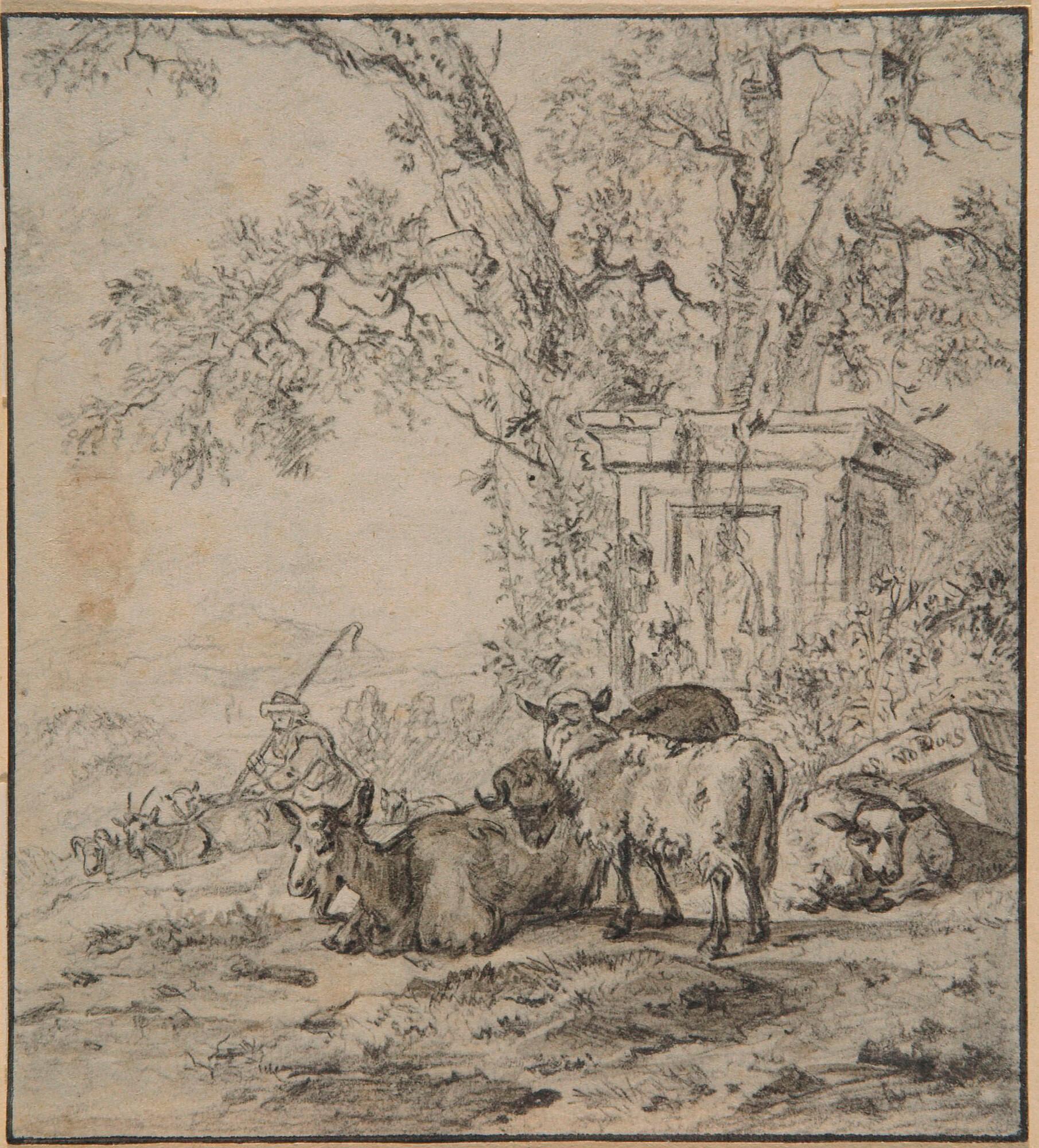 Simon van der Does - Arkadische Landschaft mit Hirten und Ruinen.