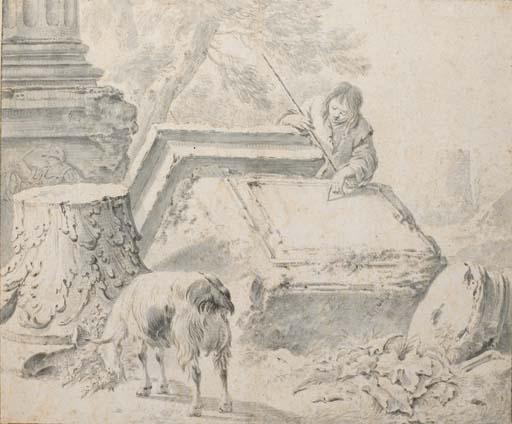 Simon van der Does - Berger déchiffrant des inscriptions sur des ruines antiques, une chèvre au premier plan