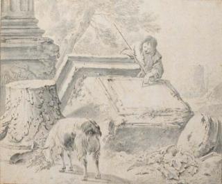 Simon van der Does - Berger déchiffrant des inscriptions sur des ruines antiques, une chèvre au premier plan