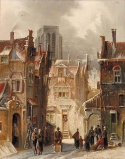 Simon Van Der Ley - A wintry street scene in a Dutch town