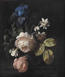 Simon Verelst - Roses, an iris and other flowers in a vase on a ledge