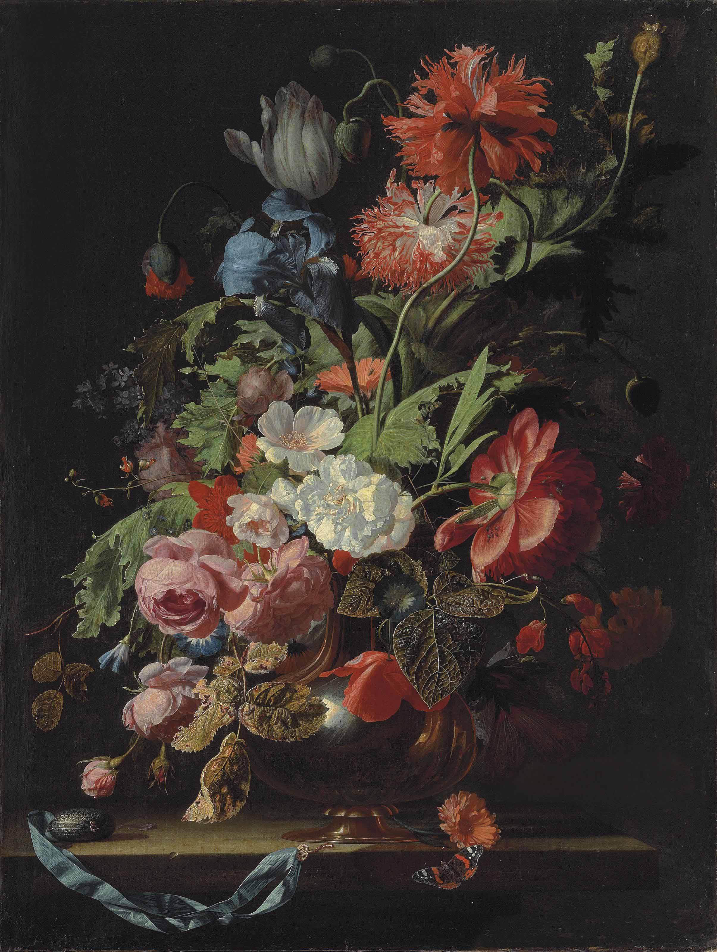 Simon Verelst - Roses, tulips, carnations, poppies, daisies, morning glories, an iris and other flowers in a silver vase on a stone ledge with a pocketwatch and a key tied to a blue ribbon