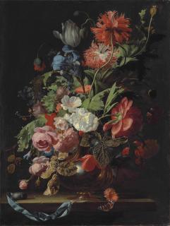Simon Verelst - Roses, tulips, carnations, poppies, daisies, morning glories, an iris and other flowers in a silver vase on a stone ledge with a pocketwatch and a key tied to a blue ribbon