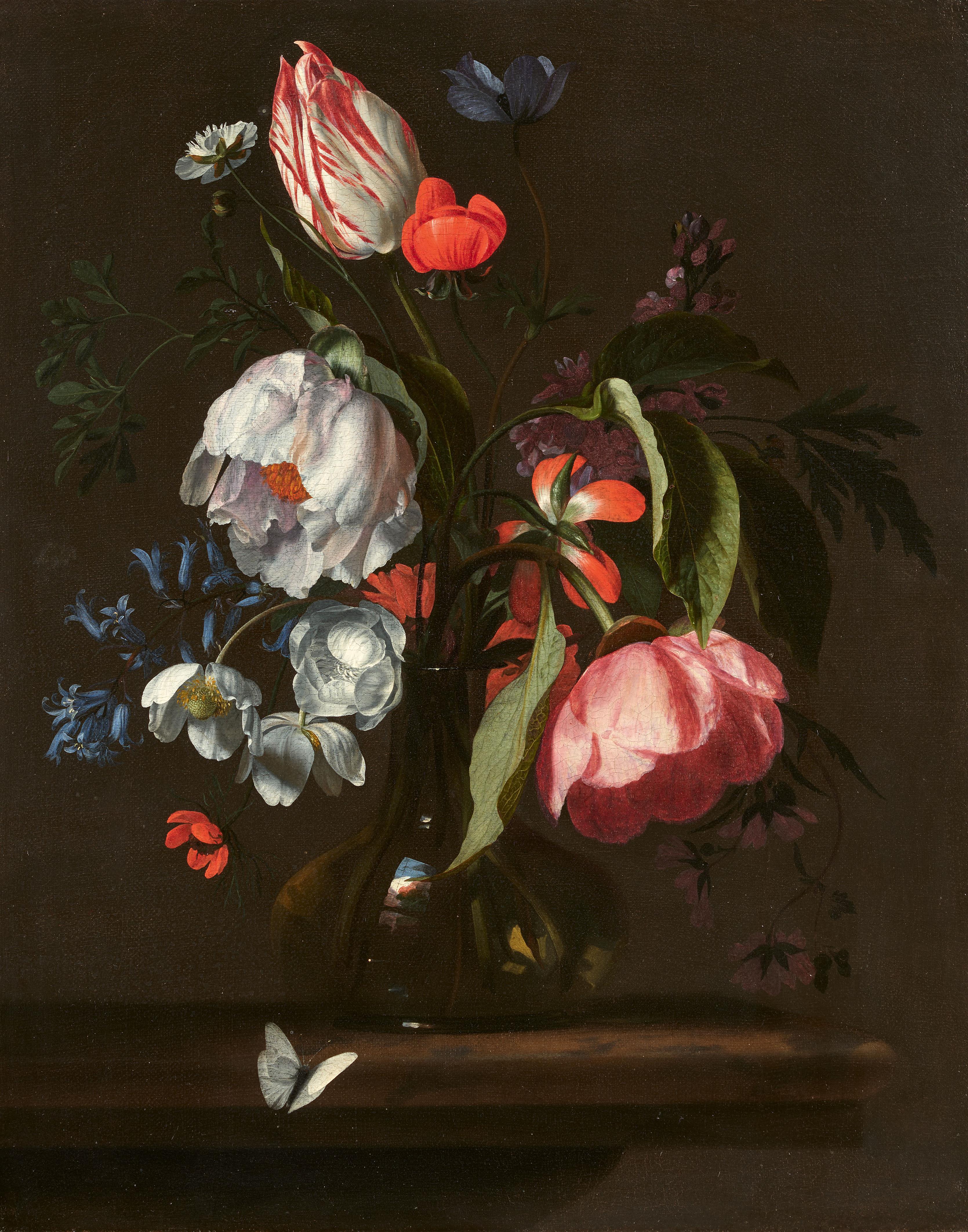 Simon Verelst - Stillleben mit einer Tulpe, Pfingstrosen, Mohn, Rittersporn und Anemonen in einer Glasvase und einem Schmetterling